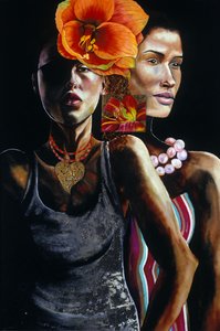2003年のクラブで（板に金属の葉が付いた油） 作： Hilary Dunne